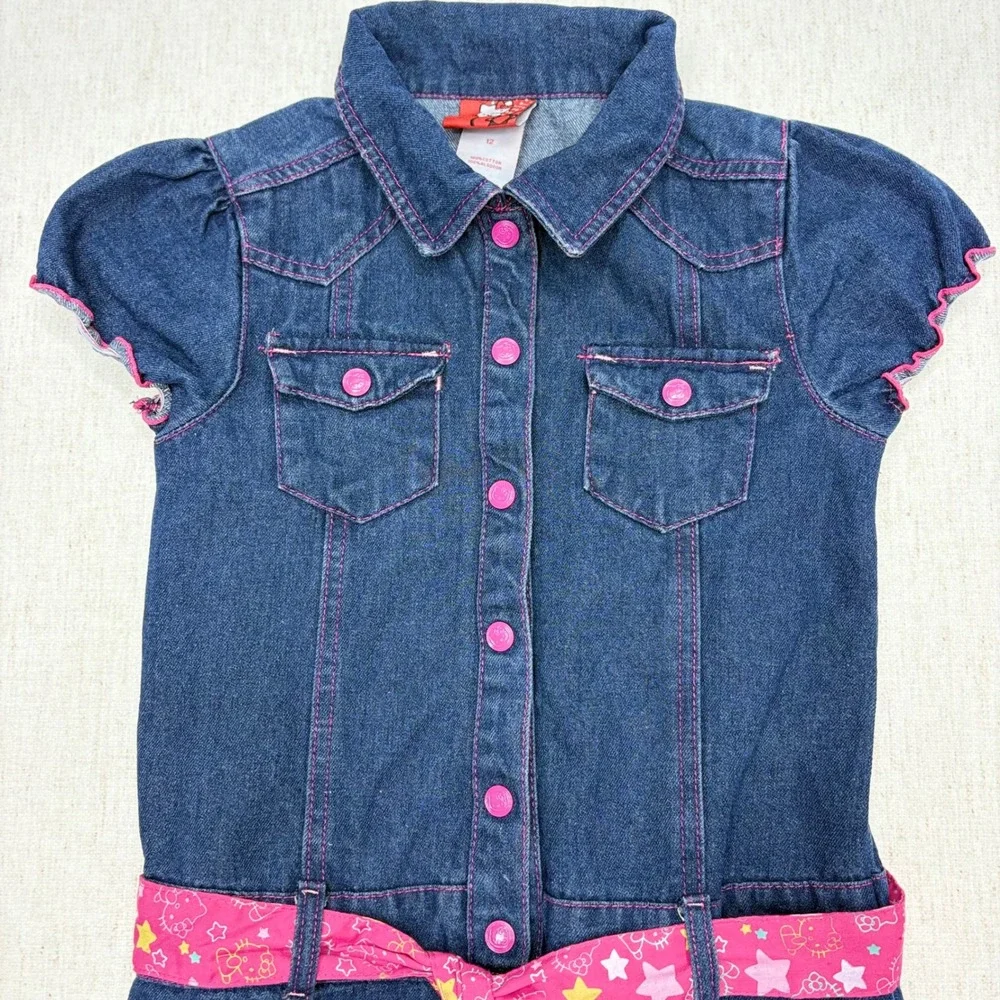 Hello Kitty Girls Denim Shirt Dress Blue Pink Ruffle Embroidered Size 12 Y2K